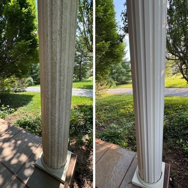 A before and after photo of a white pillar on a porch. - Bourbon City Softwash - Louisville, KY