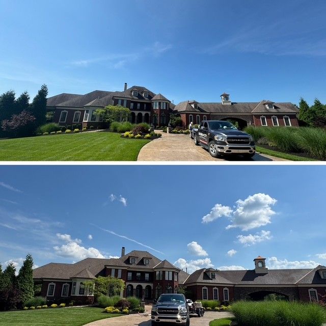 Two photos: luxury home with brick exterior, green lawn, gravel driveway, and vehicles parked out front, under a blue sky.