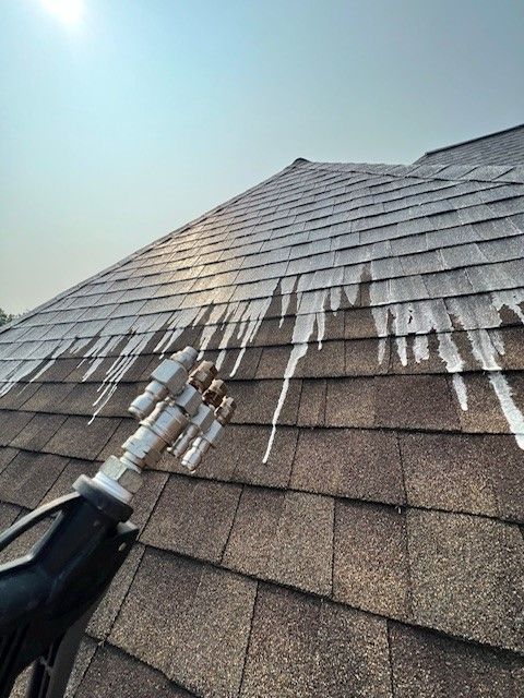A roof is being cleaned with a high pressure washer. - Bourbon City Softwash - Louisville, KY
