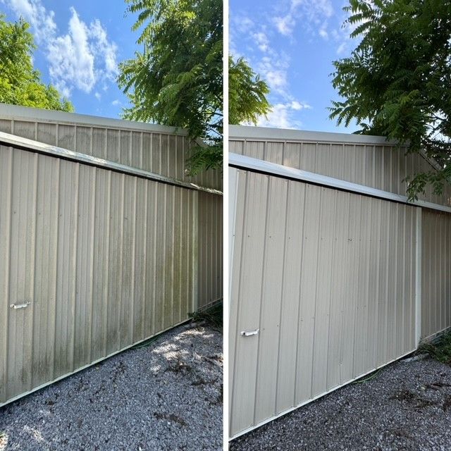 A before and after picture of a garage door. - Bourbon City Softwash - Louisville, KY