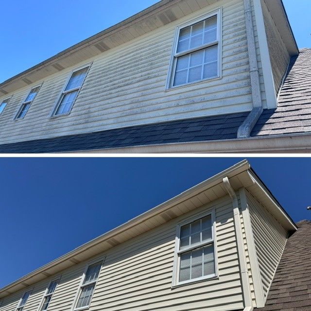 A before and after picture of a house with white siding - Bourbon City Softwash - Louisville, KY