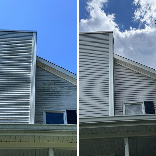 A before and after picture of a house with a blue sky in the background - Bourbon City Softwash - Louisville, KY