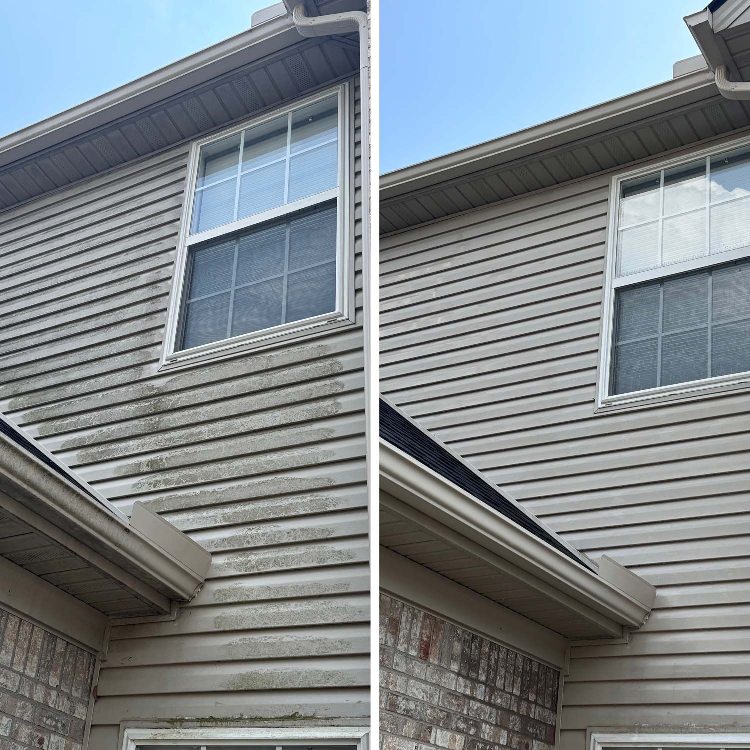 A before and after picture of a house with a dirty siding and a clean siding. - Bourbon City Softwash - Louisville, KY