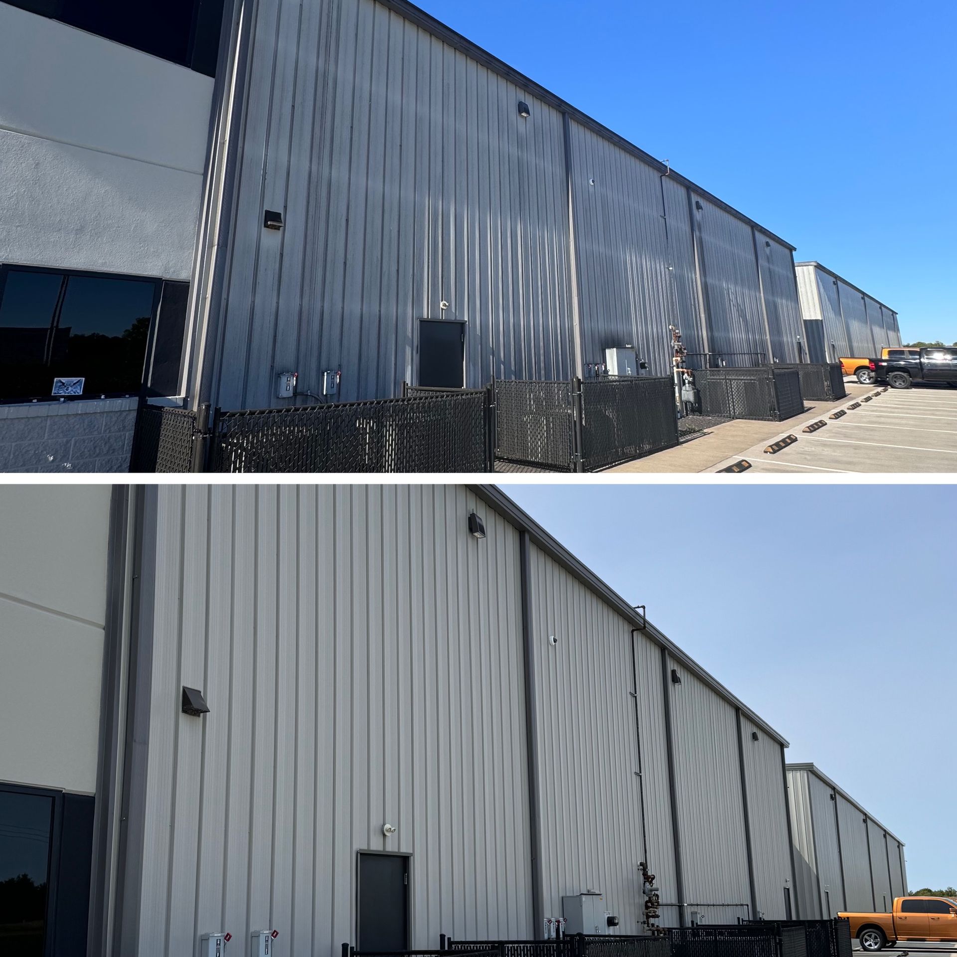 Two photos: Exterior industrial building before and after cleaning.