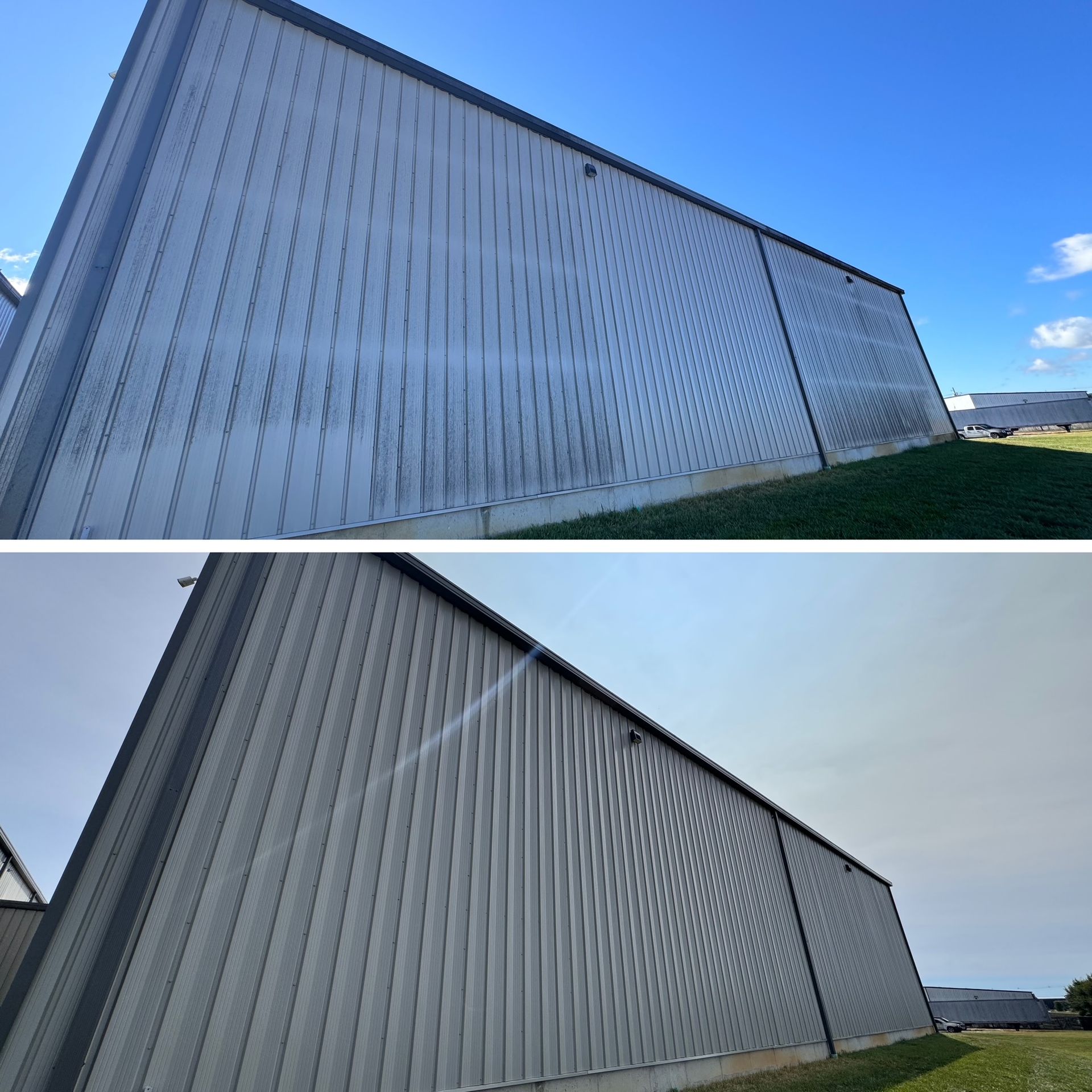 Before and after of a metal building cleaned, under a blue and cloudy sky.