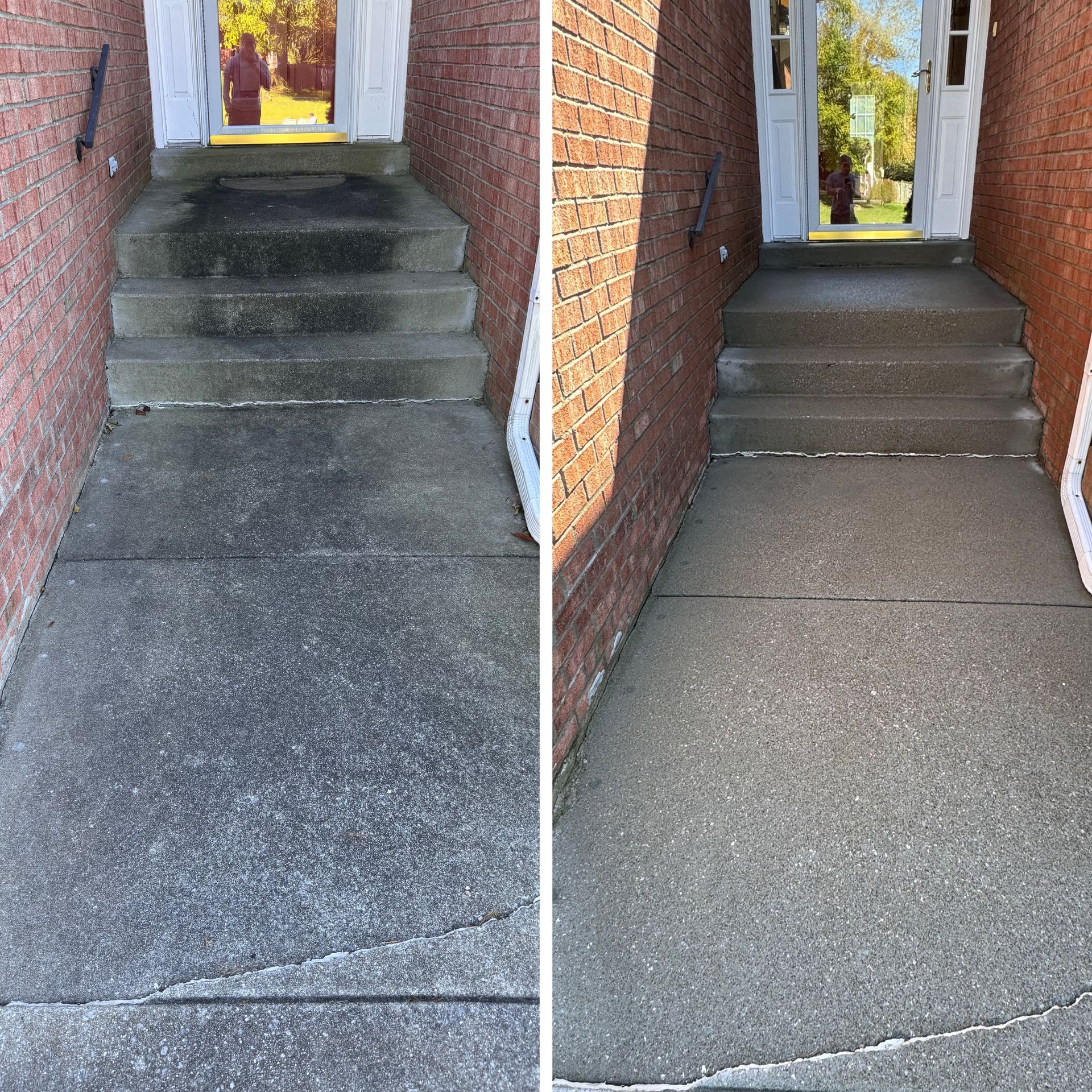 A before and after picture of a concrete walkway leading to a door.