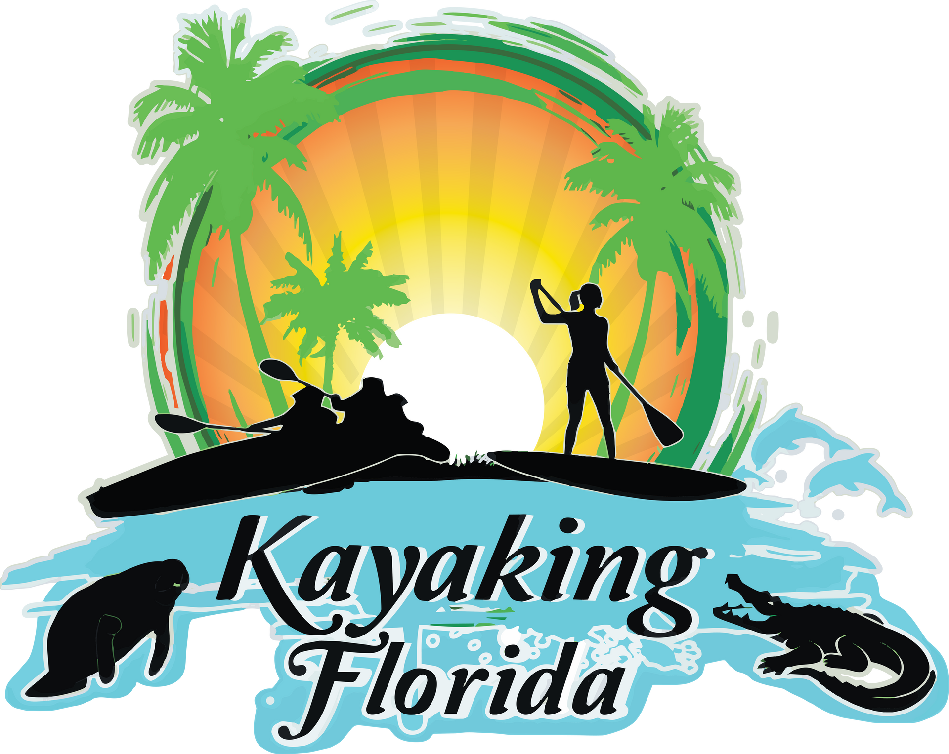 Kayaking Florida logo: Sun, palm trees, kayakers, paddle boarder, manatee, alligator, and water.