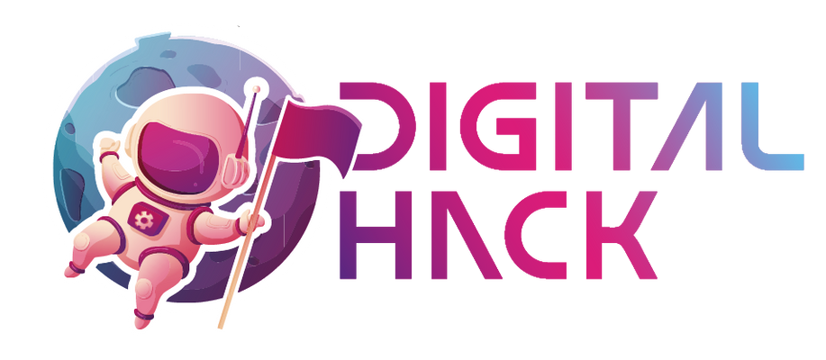 Um logotipo para hack digital com um astronauta segurando uma bandeira.