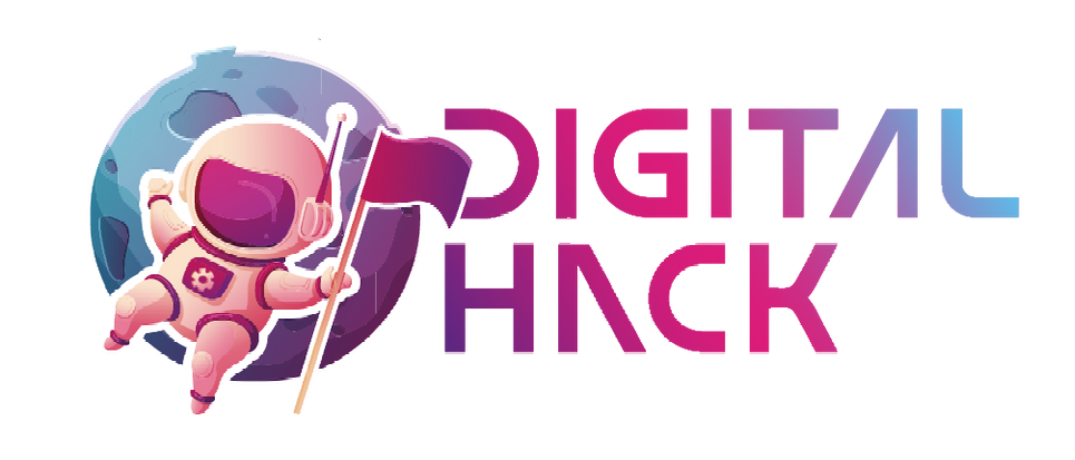 Um logotipo para hack digital com um astronauta segurando uma bandeira.