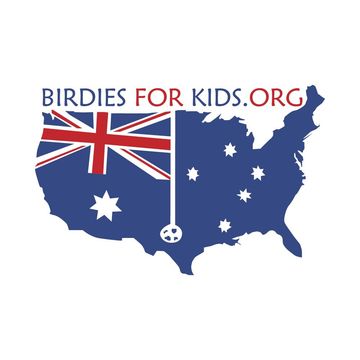 Blue outline of the United States with an Australian flag, golf ball, and the words 