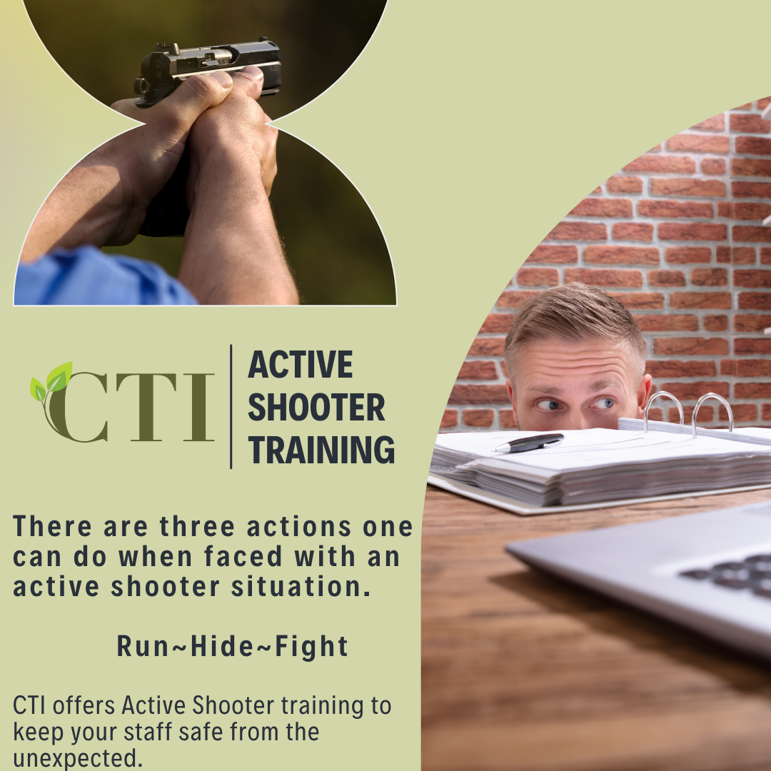 Active shooter training: Person firing a gun, person hiding behind desk. Run, hide, fight.