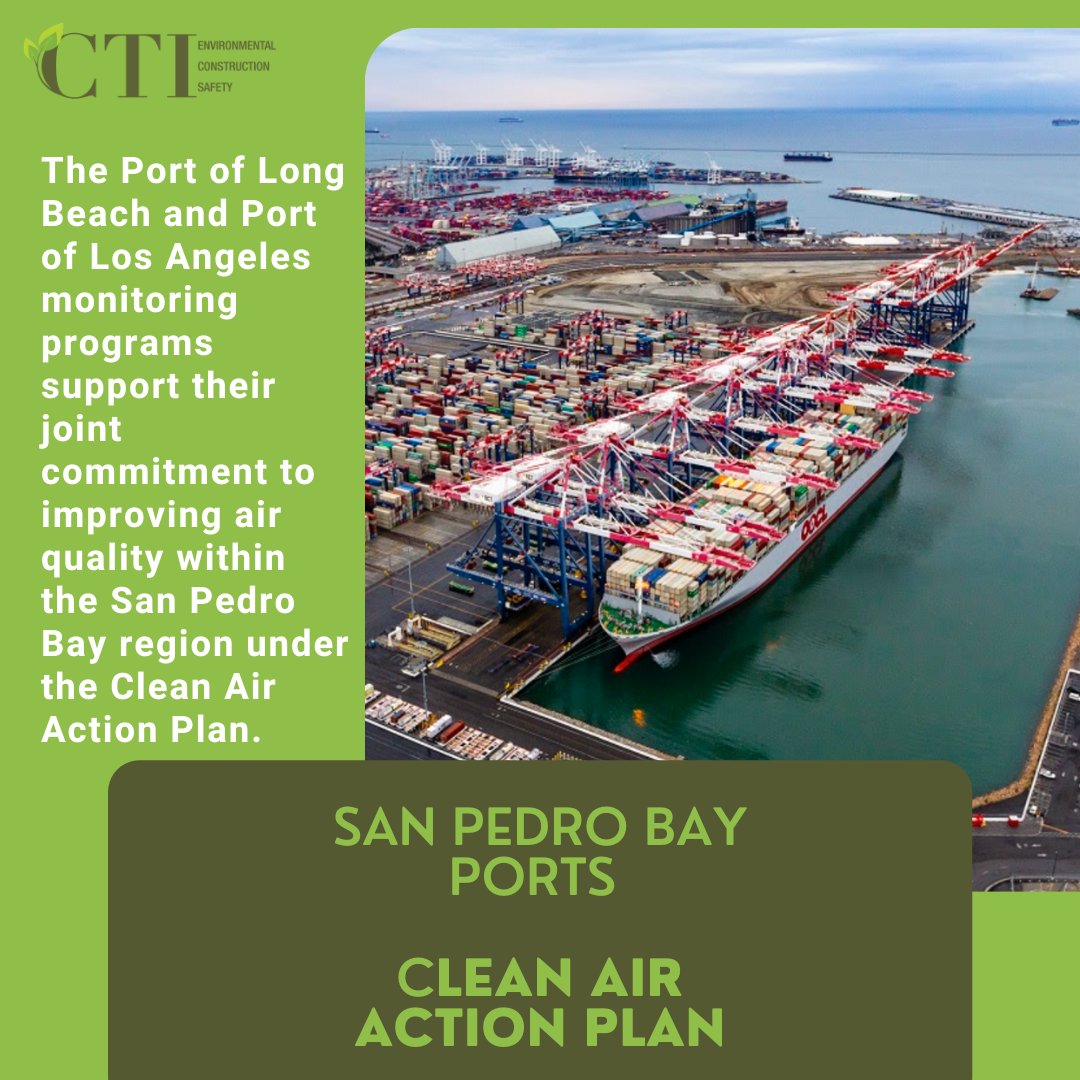 Aerial view of the San Pedro Bay ports, with text about air quality monitoring and the Clean Air Action Plan.