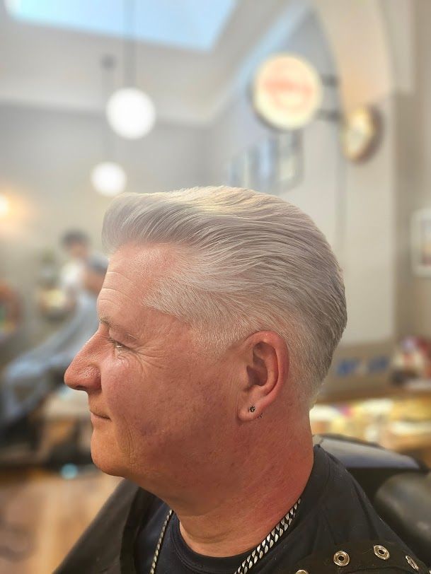 Side-profile of a Person With Silver Hair in a Barber Shop — Lucky Child Barber Shop In Hobart, TAS