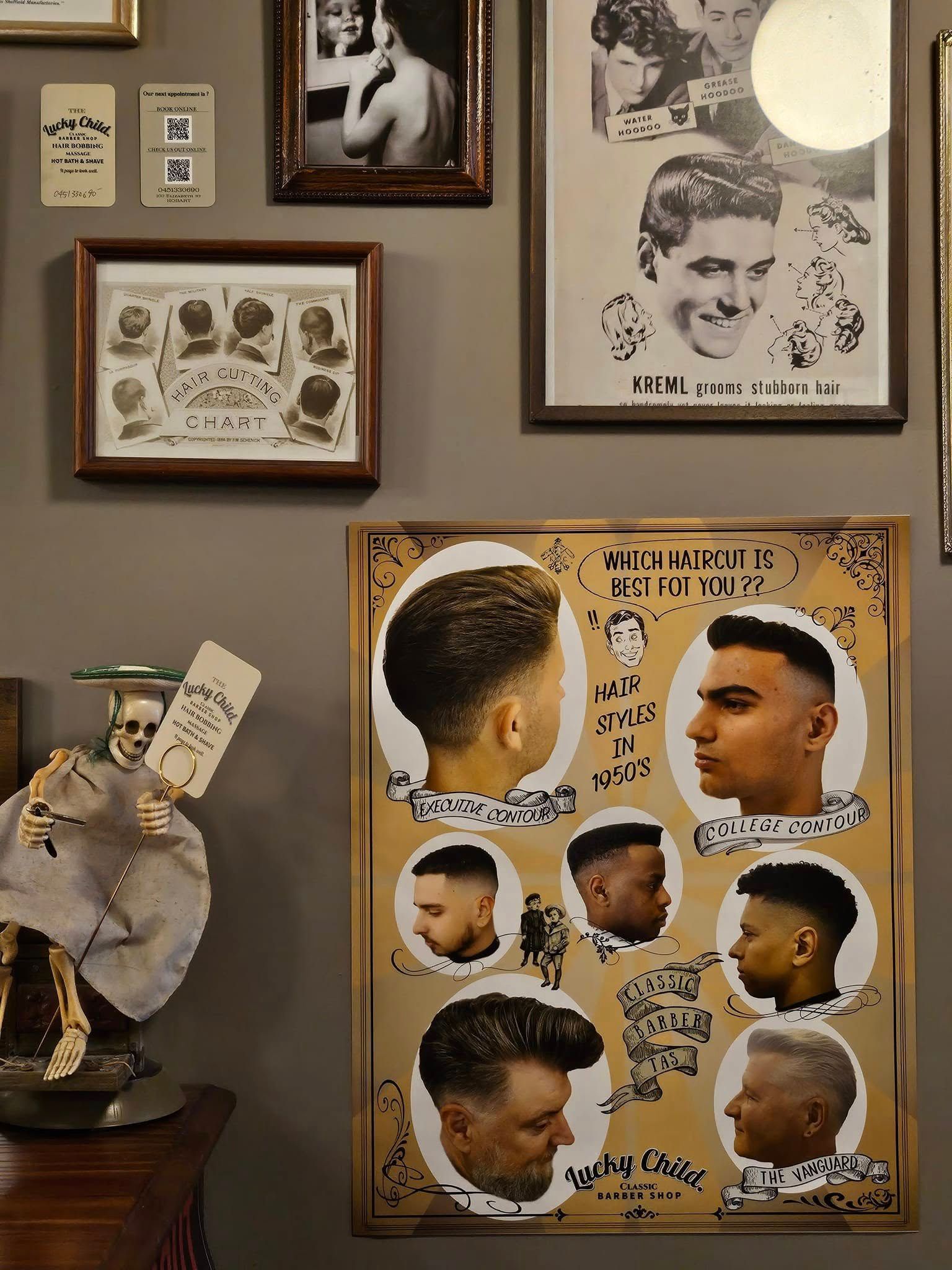 Wall Display of Black-and-white Portraits and Framed Art — Lucky Child Barber Shop In Hobart, TAS