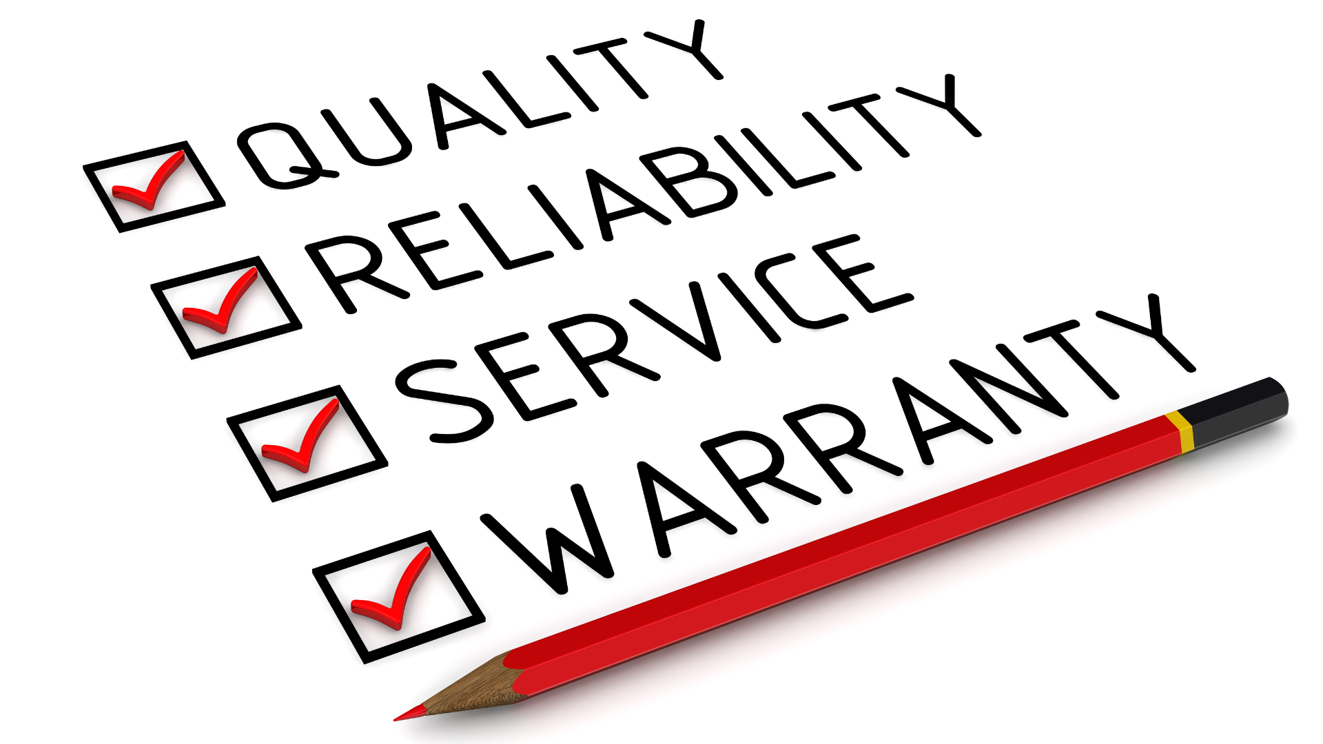 A red pencil is sitting next to a checklist that says quality reliability service and warranty.