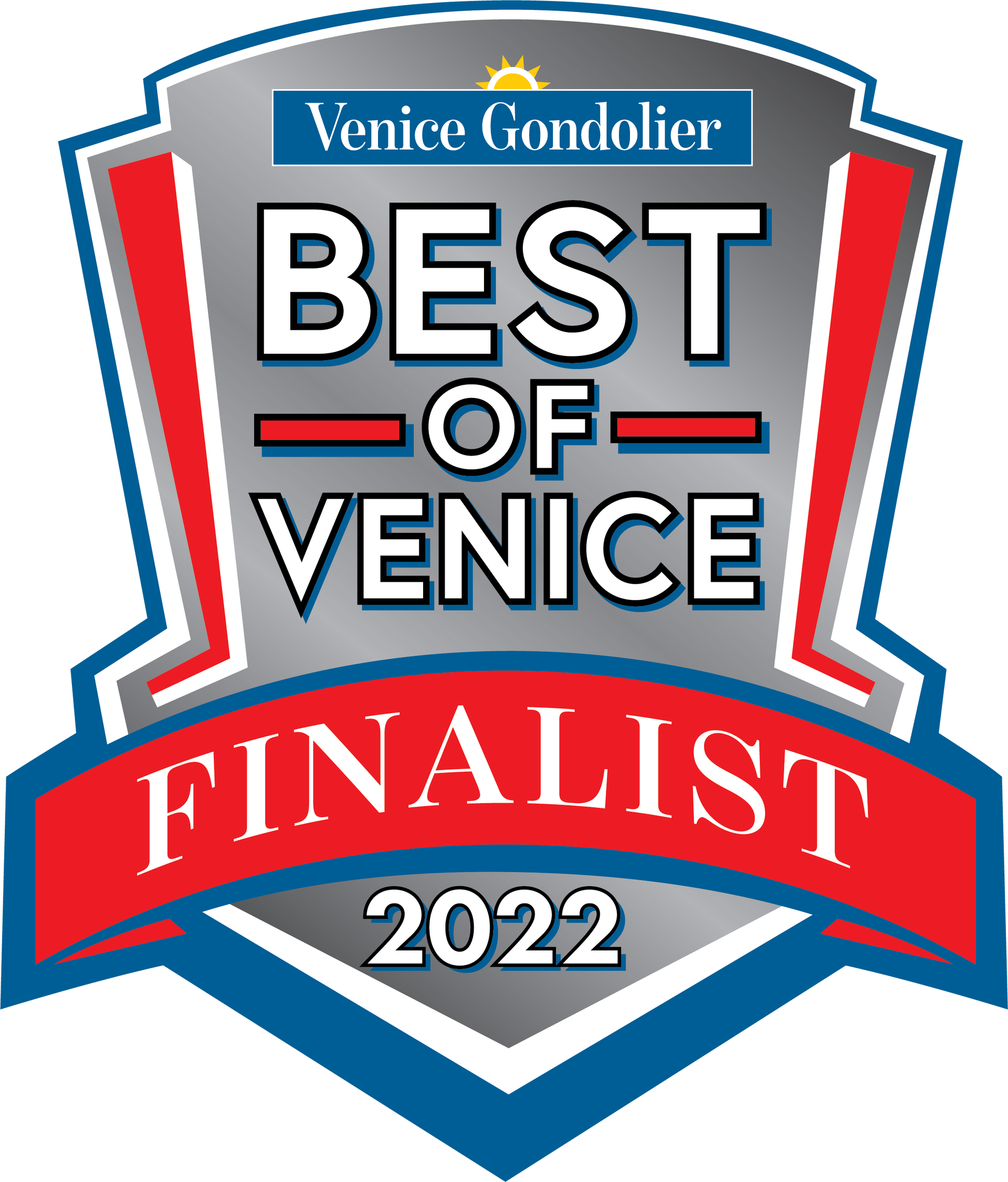Best of Venice Finalist 2022 logo: Silver shield with red and blue accents. Includes 