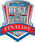 Best of Venice Finalist award badge; silver and red with blue trim, 