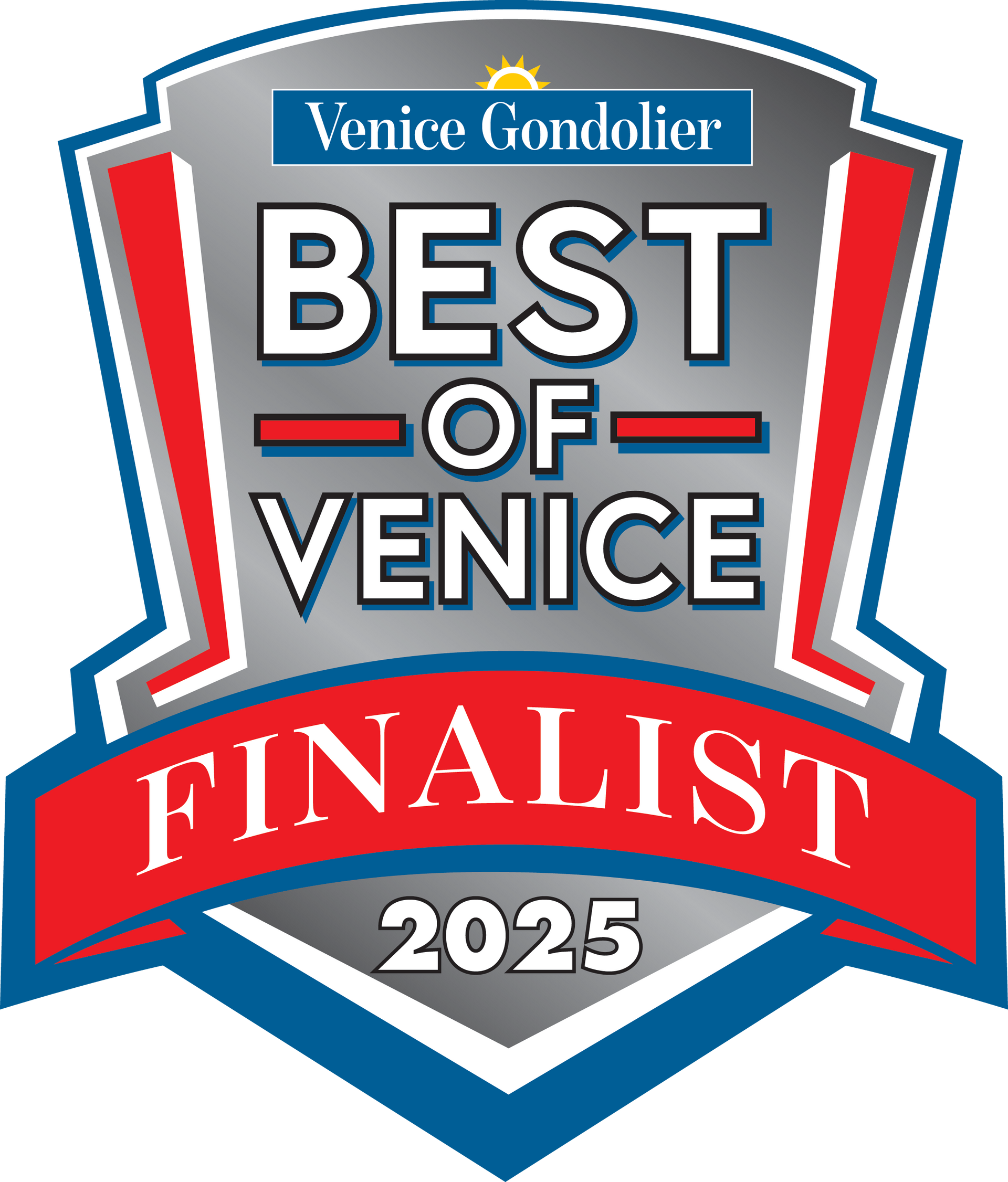 Best of Venice Finalist award badge; silver and red with blue trim, 