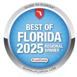 Best of Florida 2025 Regional Winner badge. Blue circle with text and Florida outline. 