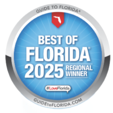 Best of Florida 2025 Regional Winner badge. Blue circle with text and Florida outline. 