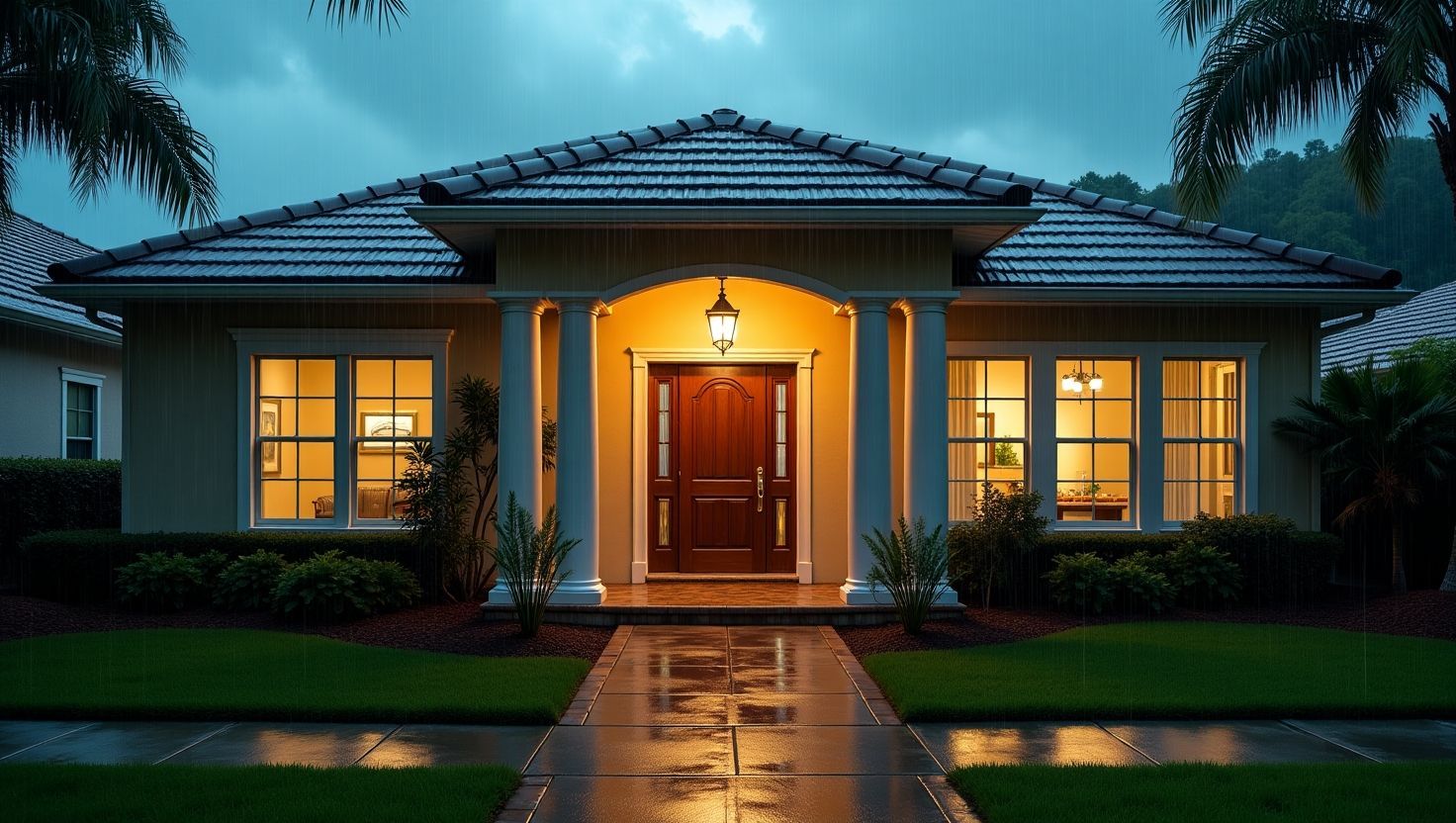 Florida home with a covered entryway featuring columns and lighting, providing protection from rain and enhancing curb appeal.