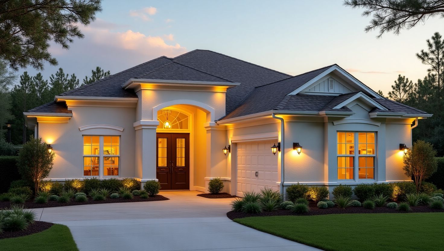 Beautiful Florida home exterior with custom aluminum soffit, fascia, seamless gutters, and elegant front entryway enhanced by professional installation.