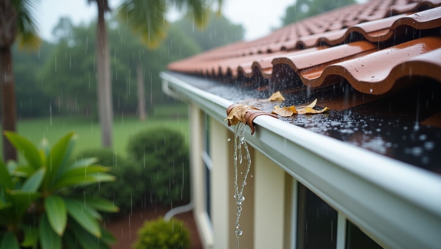 Rainwater overflowing from a clogged seamless gutter with fallen leaves during a heavy Florida storm.
