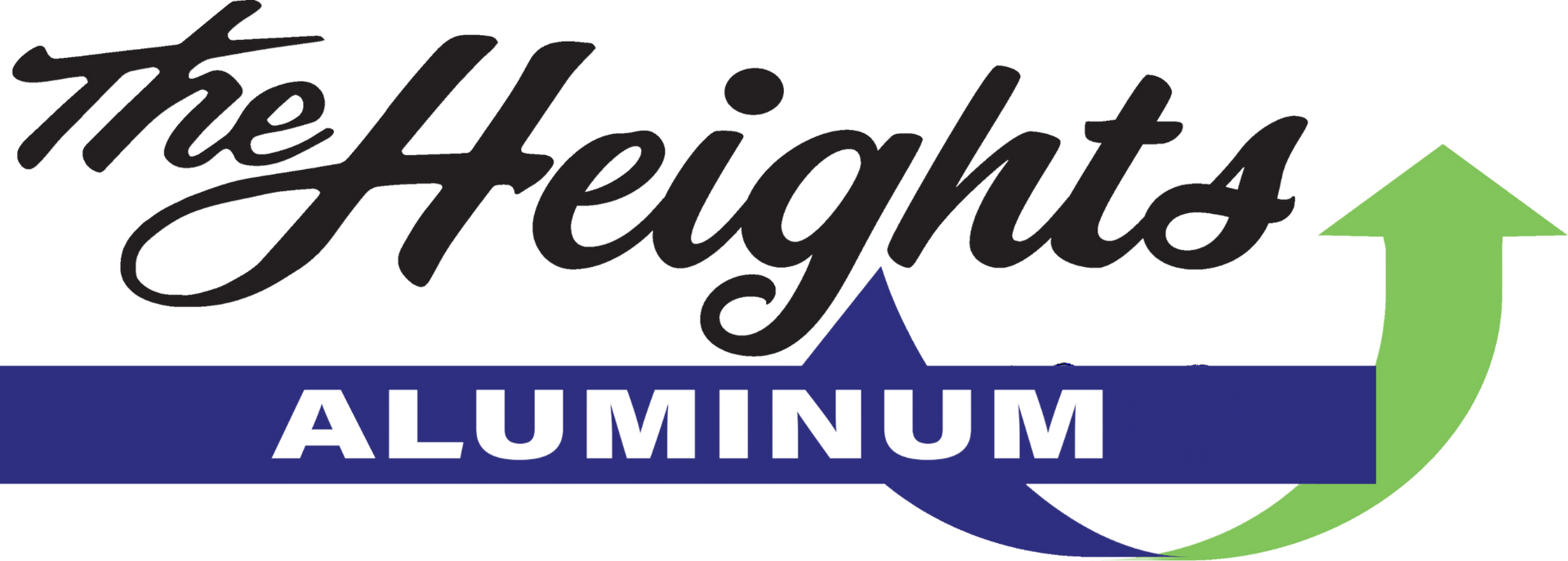 The Heights Aluminum logo. Text over a blue bar reading ALUMINUM. Green arrow curving upward.