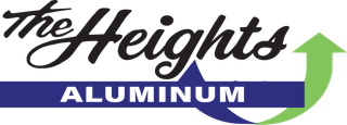 The Heights Aluminum logo. Text over a blue bar reading ALUMINUM. Green arrow curving upward.