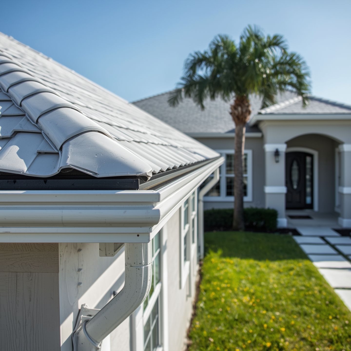 Seamless aluminum gutters installed on a modern Florida home with a tile roof and palm tree in the background.