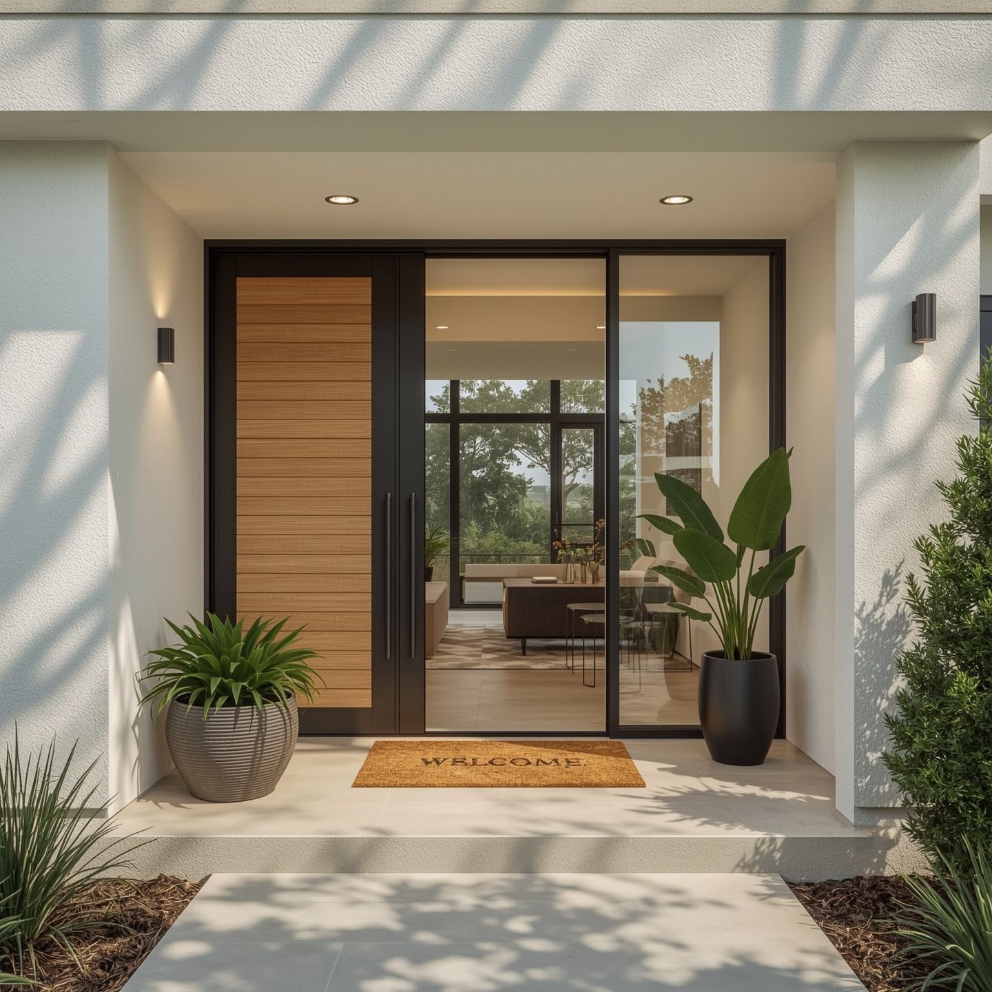 Modern front entryway design featuring seamless gutters Florida