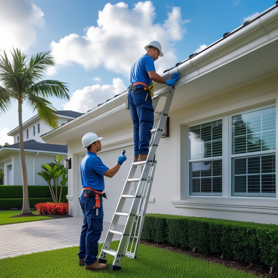 Florida home exterior maintenance with technicians inspecting and repairing soffit and  fascia