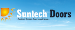 Logo for Suntech Doors, custom screen doors and more. Yellow sun graphic, white text