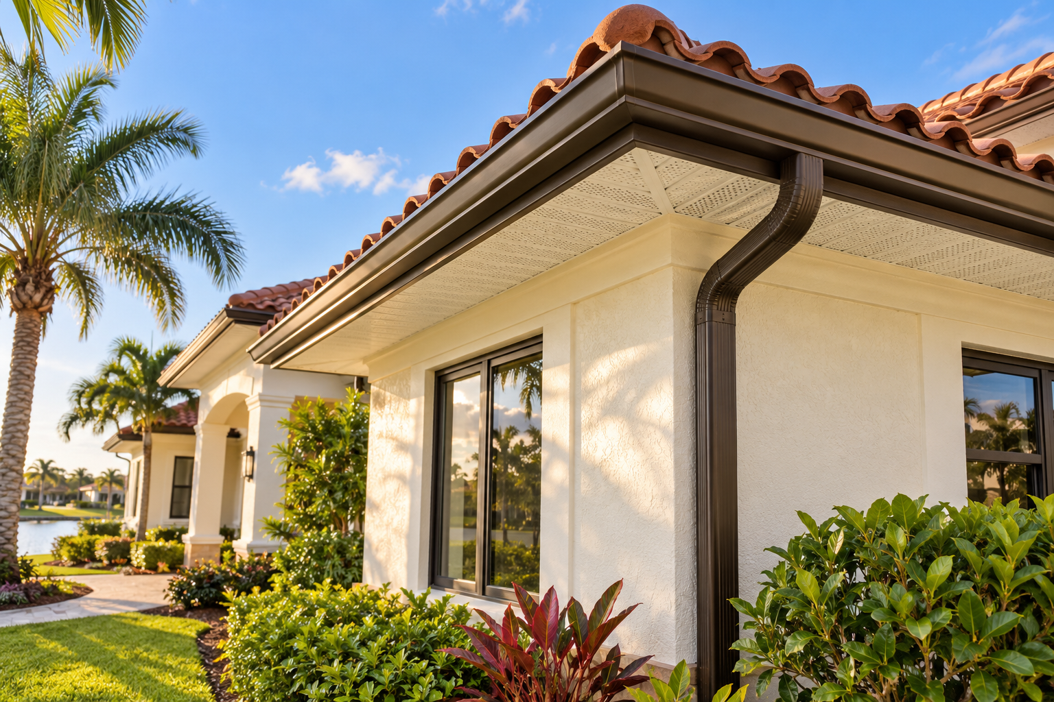 Florida stucco home with white vented soffit, bronze fascia, matching seamless gutters and a bronze
