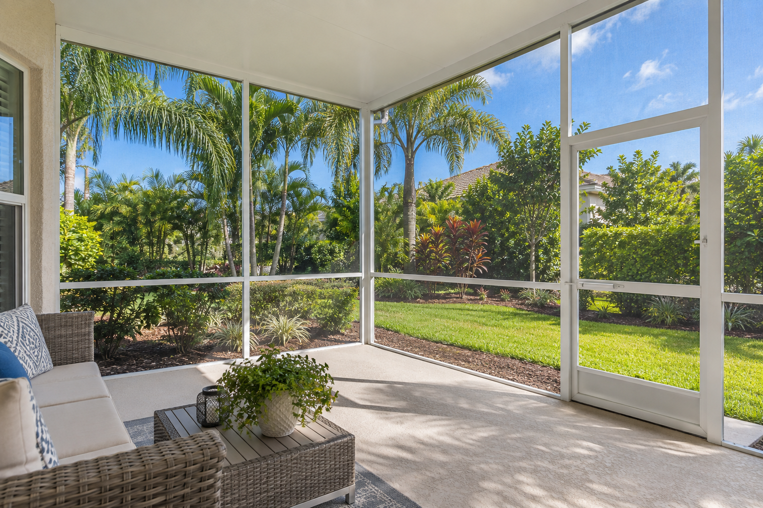 View from inside a Florida screened lanai overlooking a tropical backyard.