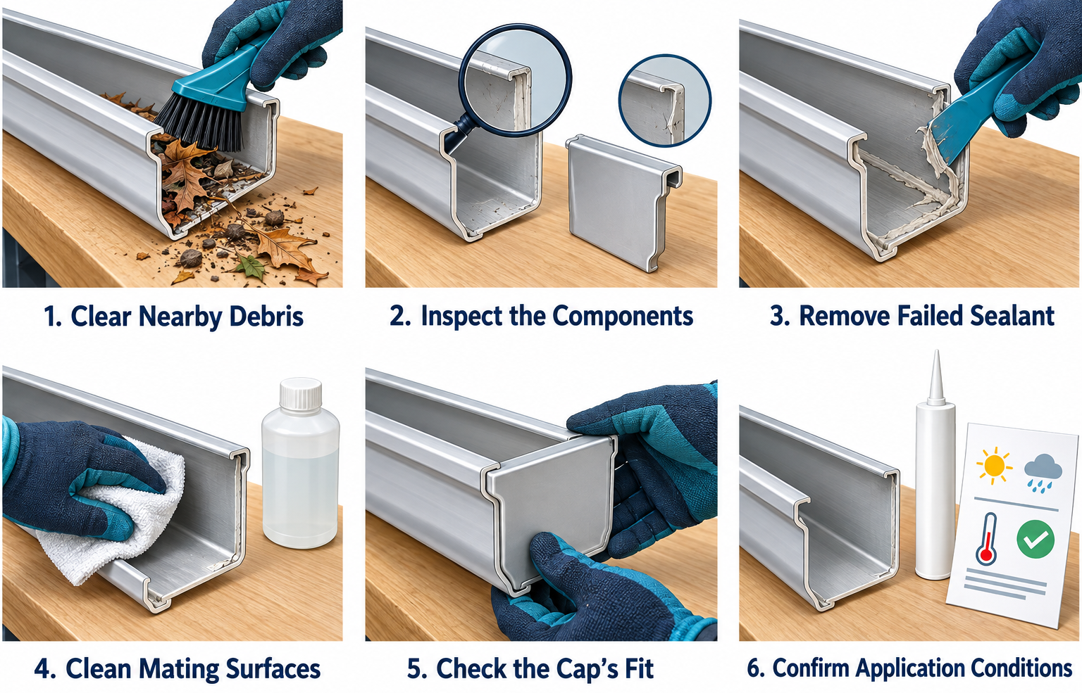 Six steps to prepare a gutter before installing an end cap.