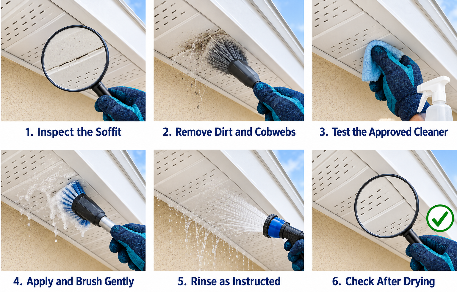Six-step illustration showing routine soffit cleaning.