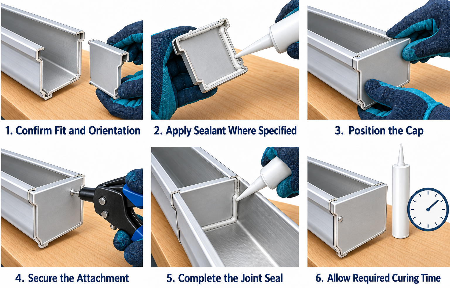 Six-step illustration showing how to attach and seal a gutter end cap.
