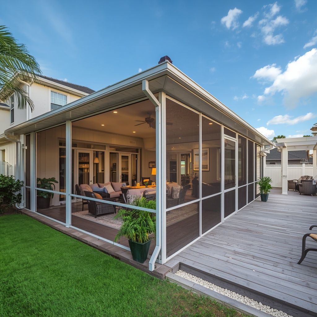Custom screened lanai installed by The Heights Aluminum, creating a spacious outdoor living area