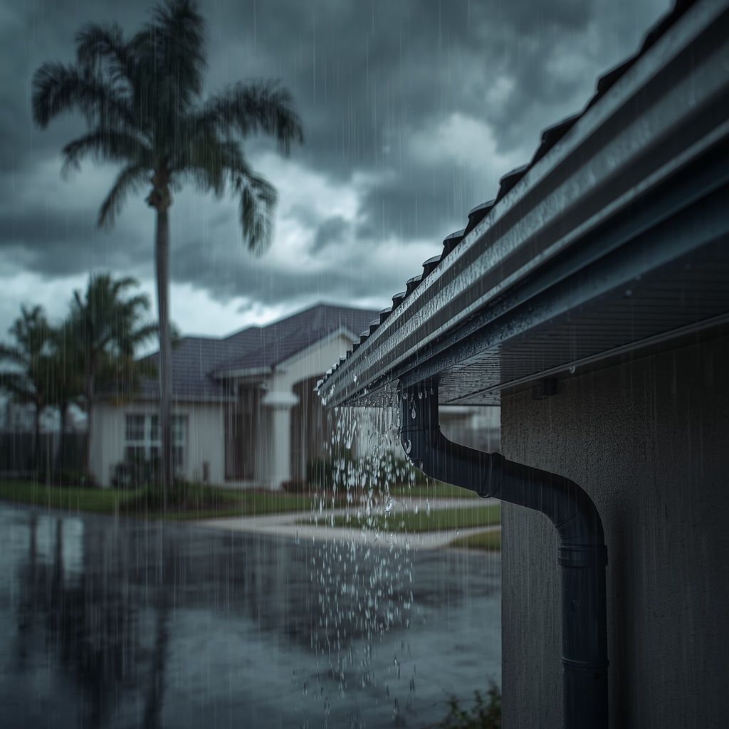 Rainwater overflowing from clogged gutter during heavy Florida storm causing drainage issues