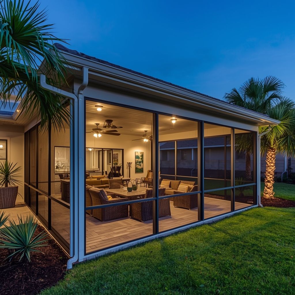 Luxury custom Florida lanai with aluminum screened enclosure, ceiling fans, recessed lighting, wicker patio furniture, and tropical landscaping at dusk.