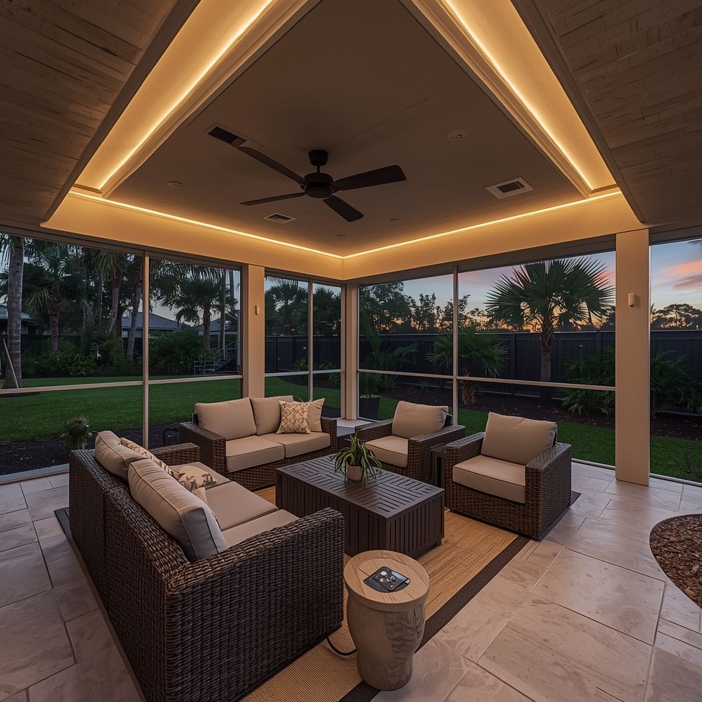 Modern Florida screened lanai patio with wicker seating, tiled flooring, LED recessed lighting, ceiling fan, and aluminum enclosure overlooking a landscaped backyard at sunset.