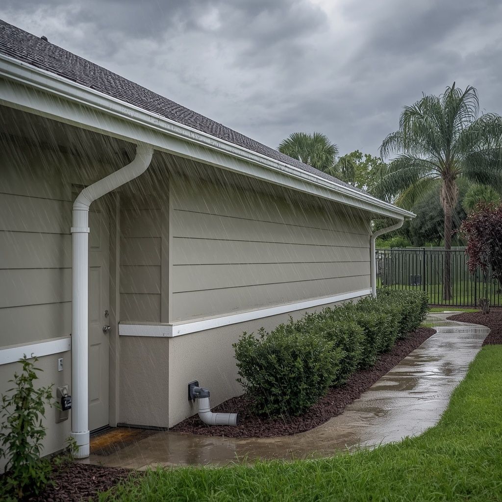 Florida home exterior with seamless gutters during heavy rain