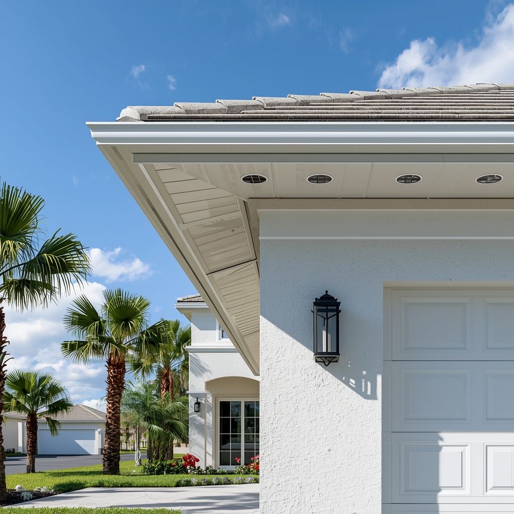 Modern Florida home exterior featuring premium aluminum soffits, palm trees, and clean roof overhang designed for ventilation and durability.