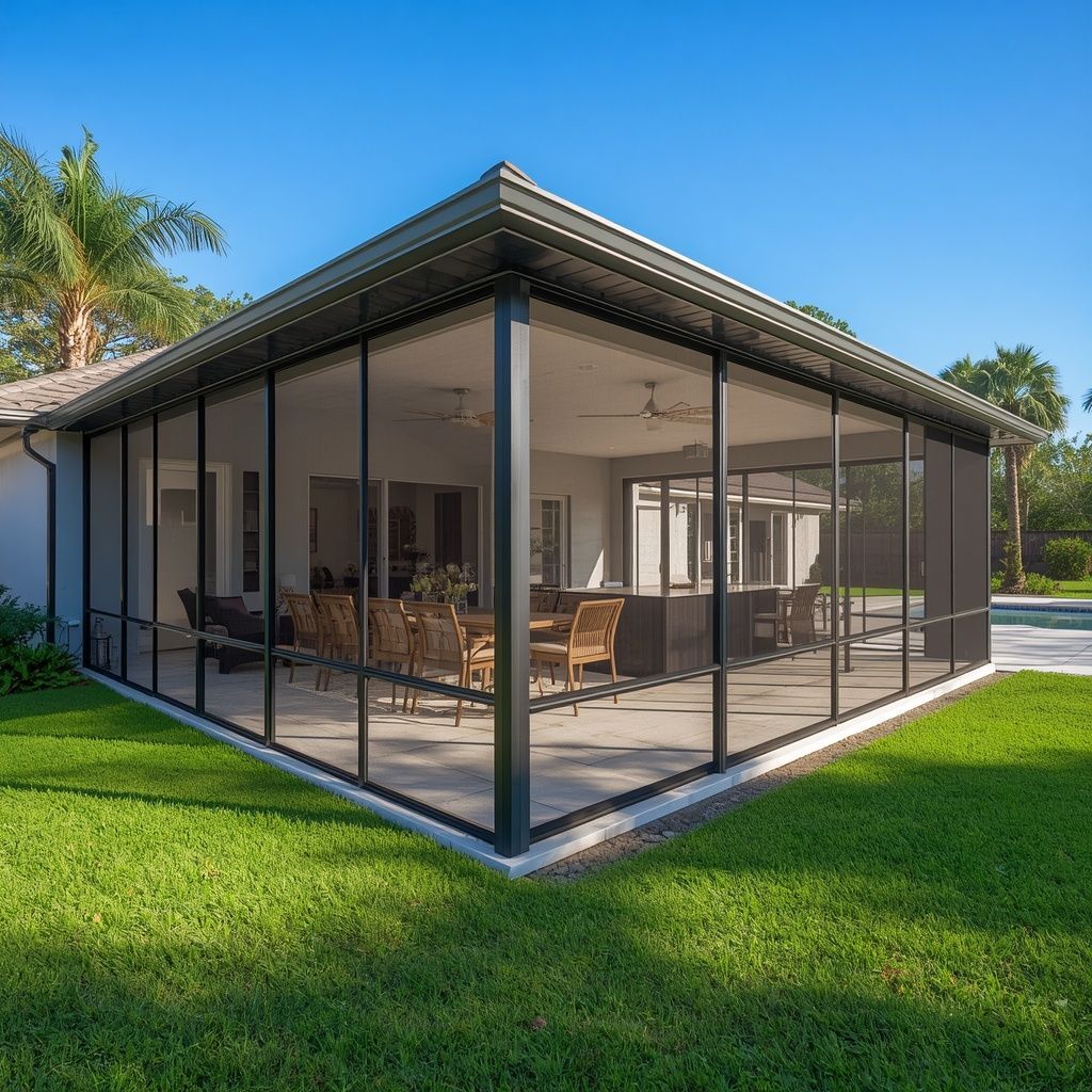 Custom aluminum screen enclosure on a Florida home with a covered outdoor living area