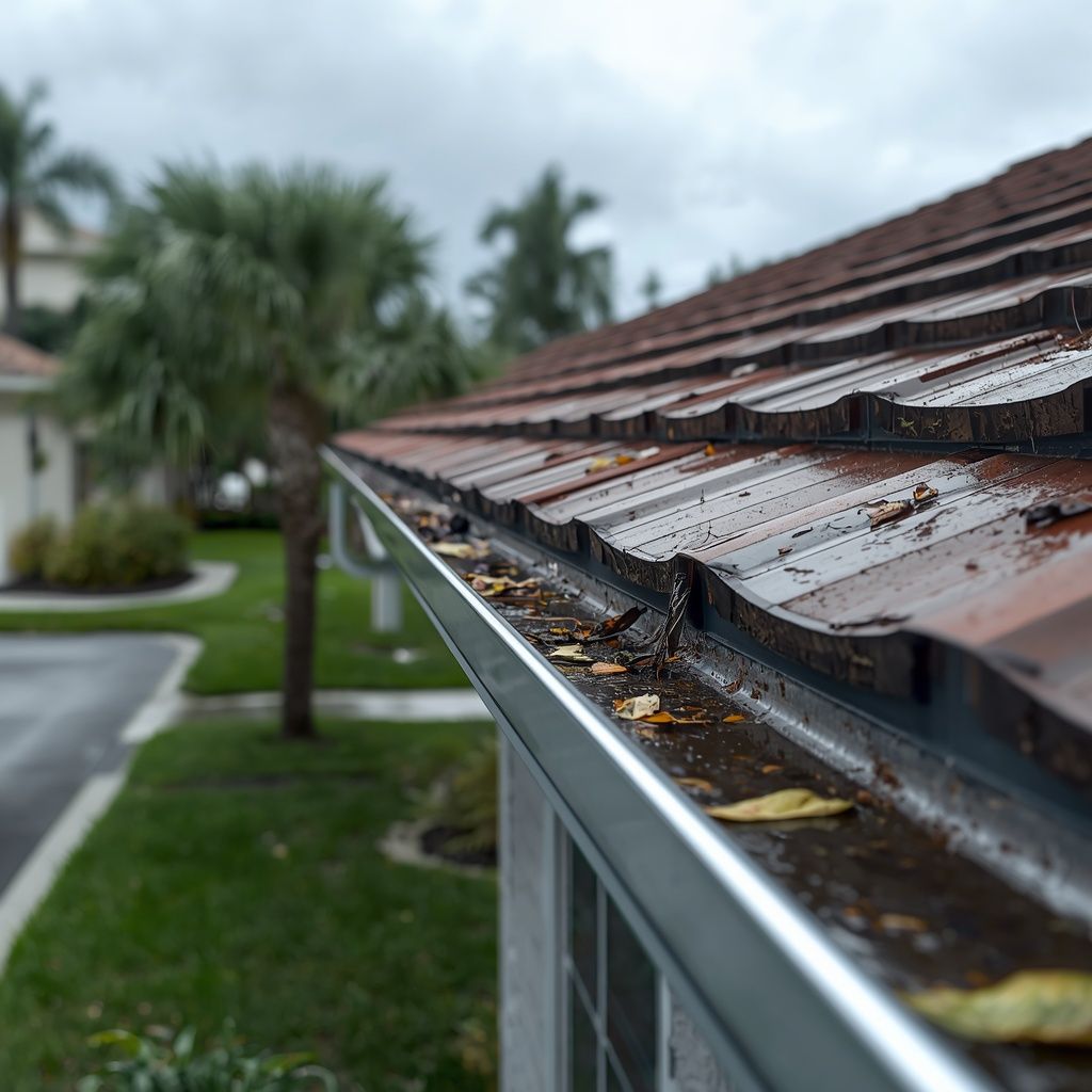 Hurricane-damaged gutters with leaves and debris on a Florida home