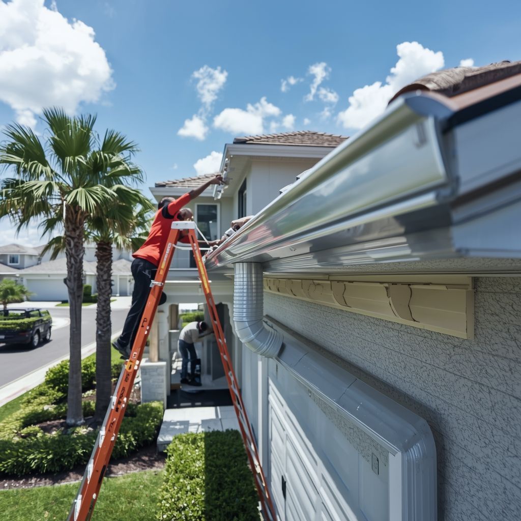 Contractor installing seamless aluminum gutters on a Florida home using a ladder during professional gutter installation