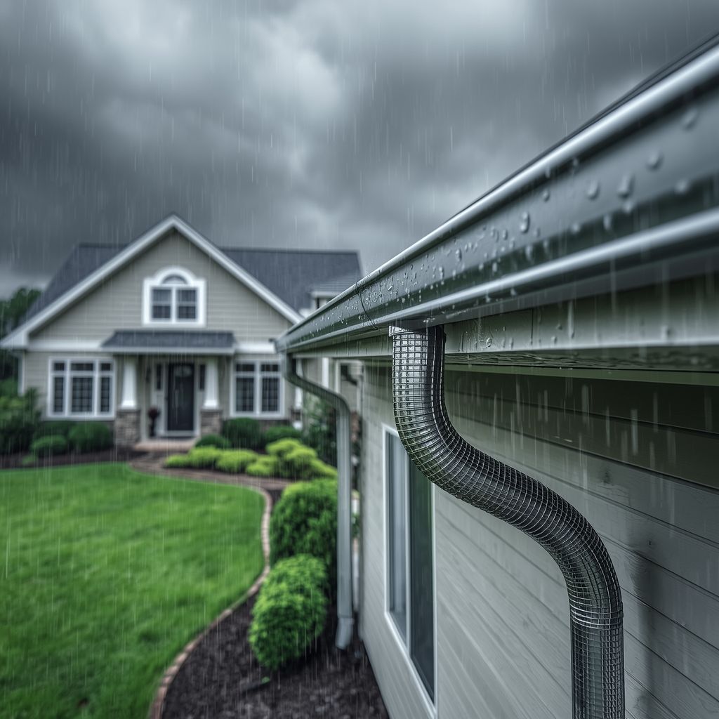 Seamless aluminum rain gutter with downspout protecting a residential home during heavy rainfall, demonstrating effective water drainage and leak prevention.