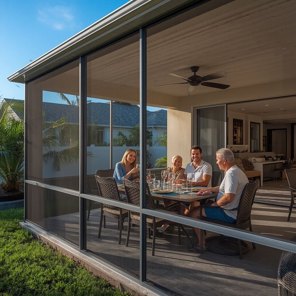 Family enjoying a mosquito-free screened patio enclosure installed by The Heights Aluminum