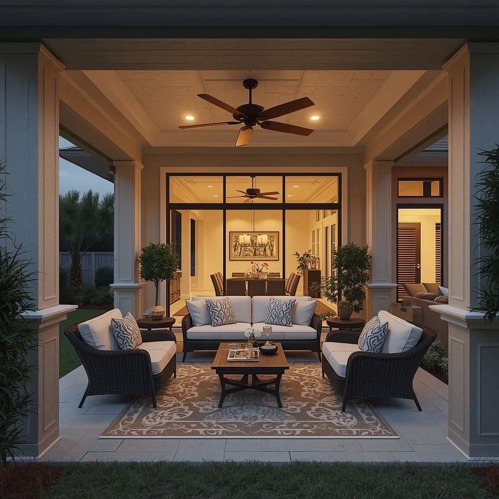 Beautiful backyard lanai with covered patio seating, ceiling fan, and outdoor living furniture at dusk